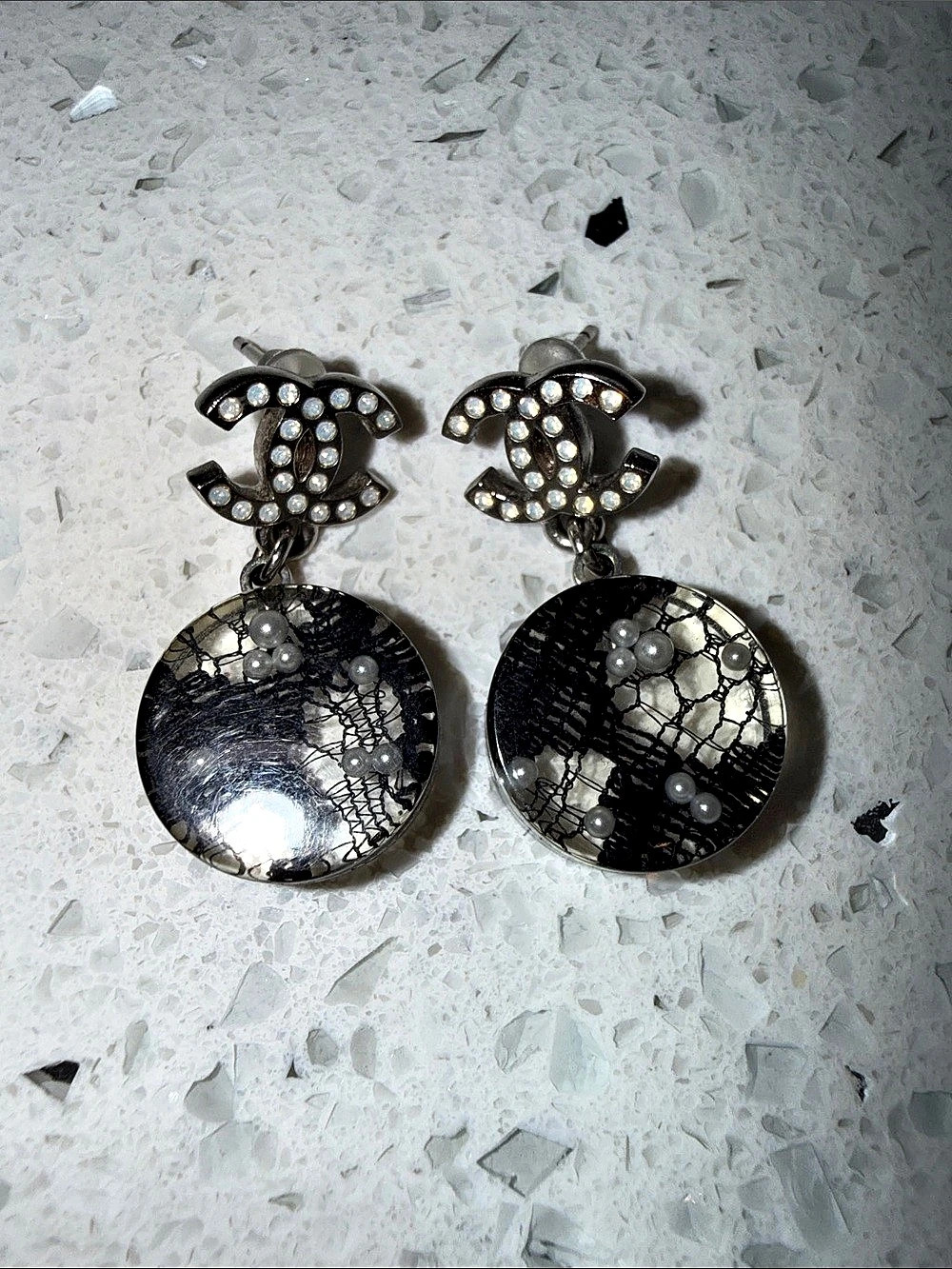 Chanel CC Crystal Drop Earrings in Black & Silver